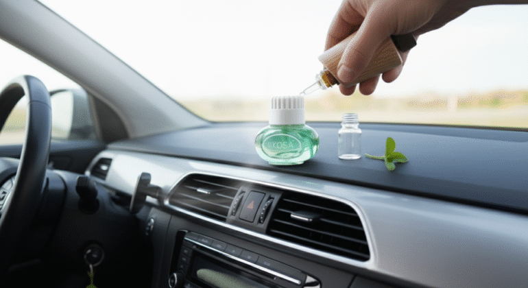Refilling a natural car air freshener with essential oil in a car.