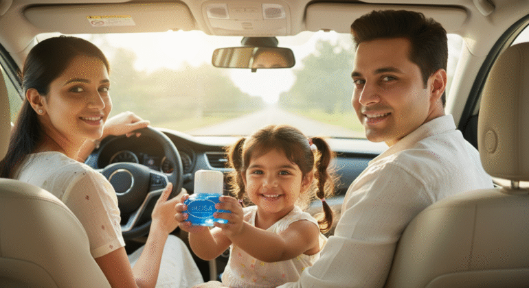 Happy family in a car with a child holding a natural non-toxic car air freshener.