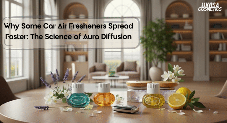 IIKOSA car air fresheners with citrus and floral elements showing fragrance diffusion.