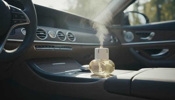 Natural car air freshener made from essential oils hanging in a car interior.