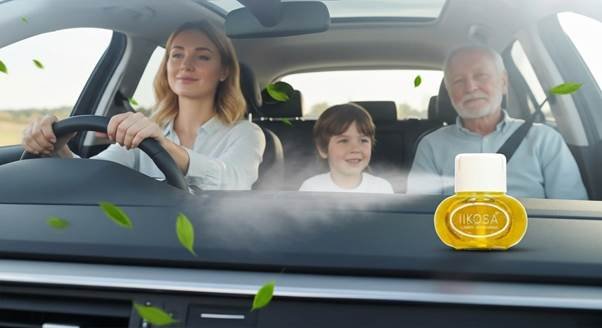 Eco-friendly wooden diffuser and natural car freshener with lavender and citrus essential oils.