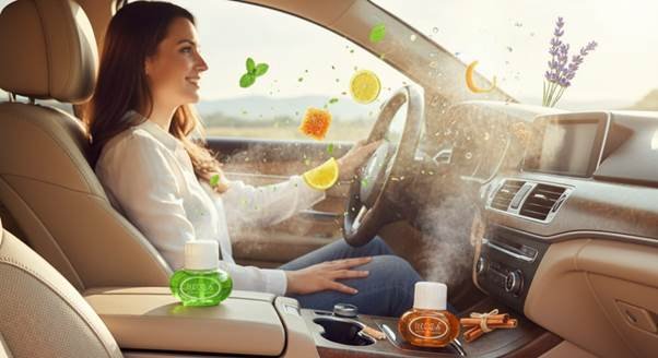 Natural car air fresheners in various formats such as bead bags and hanging glass bottles.
