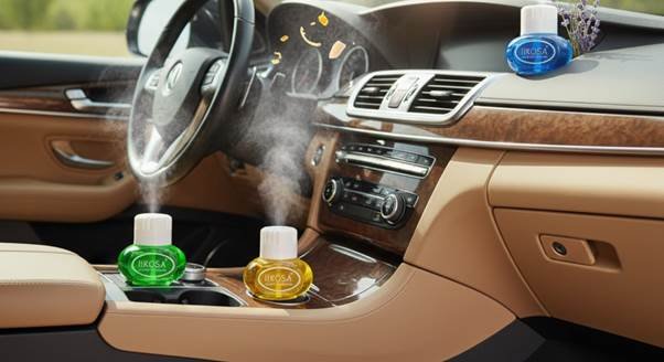 Natural car air fresheners in various formats such as bead bags and hanging glass bottles.